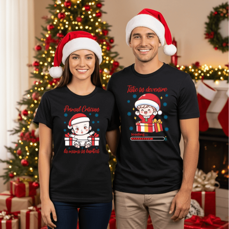 Tricouri personalizate cuplu - Set tricouri personalizate pentru cuplu - Primul Crăciun la mami în burtică - Tătic în devenire - M12