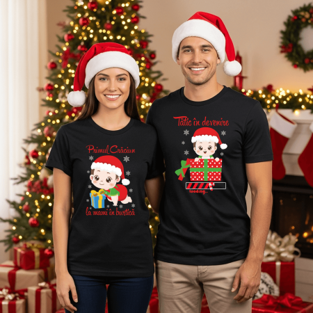 Tricouri personalizate cuplu - Set tricouri personalizate pentru cuplu - Primul Crăciun la mami în burtică - Tătic în devenire - M9