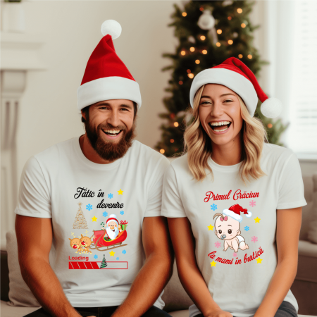 Tricouri personalizate cuplu - Set tricouri personalizate pentru cuplu - Primul Crăciun la mami în burtică - Tătic în devenire - Model fetiță