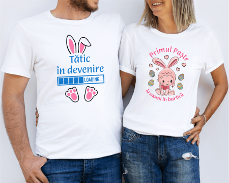 Tricouri personalizate Cuplu de Paște - Set tricouri personalizate pentru cuplu - Primul Paște la mami în burtică - Tătic în devenire - Model 1