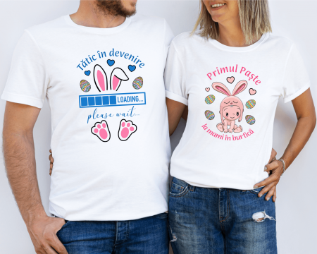 Tricouri personalizate Cuplu de Paște - Set tricouri personalizate pentru cuplu - Primul Paște la mami în burtică - Tătic în devenire - Model 2