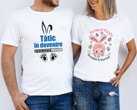 Tricouri personalizate Cuplu de Paște - Set tricouri personalizate pentru cuplu - Primul Paște la mami în burtică - Tătic în devenire - Model 3