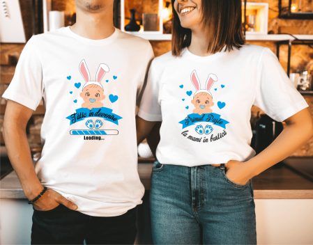 Tricouri personalizate Cuplu de Paște - Set tricouri personalizate pentru cuplu - Primul Paște la mami în burtică - Tătic în devenire - Model băiat
