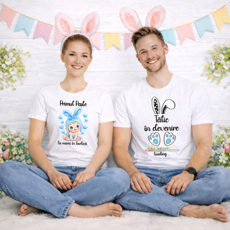 Tricouri personalizate Cuplu de Paște - Set tricouri personalizate pentru cuplu - Primul Paște la mami în burtică - Tătic în devenire - Model băiat - M5
