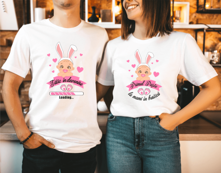 Tricouri personalizate Cuplu de Paște - Set tricouri personalizate pentru cuplu - Primul Paște la mami în burtică - Tătic în devenire - Model fetiță