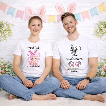Tricouri personalizate Cuplu de Paște - Set tricouri personalizate pentru cuplu - Primul Paște la mami în burtică - Tătic în devenire - Model fetiță - M5