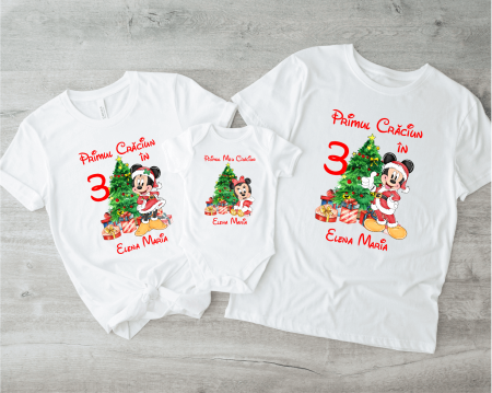 Tricouri personalizate familie - Set tricouri personalizate - Primul Crăciun - Baby Minnie - Model fetiță
