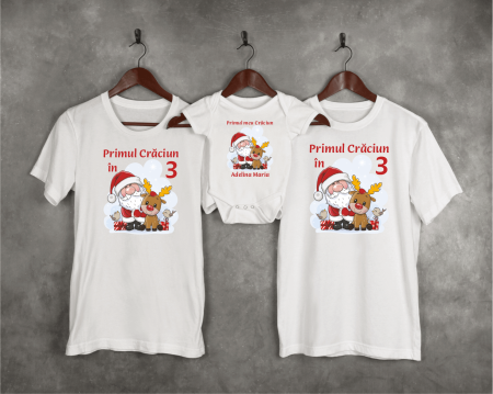 Tricouri personalizate familie - Set tricouri personalizate - Primul Crăciun în 3 - M20