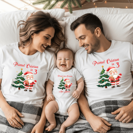 Tricouri personalizate familie - Set tricouri personalizate - Primul Crăciun în 3 - Moș Crăciun - M15