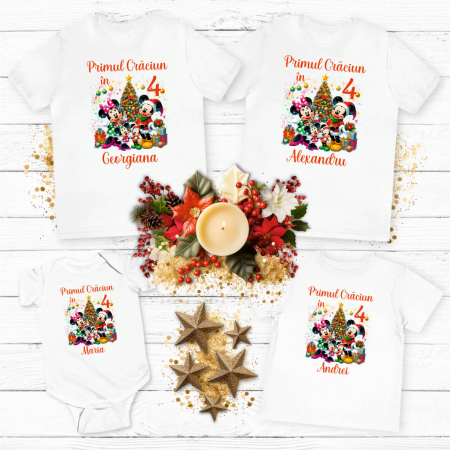 Tricouri personalizate familie - Set tricouri personalizate - Primul Crăciun în 4 - Nume