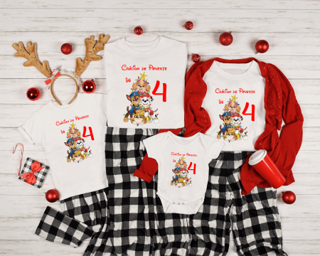 Tricouri personalizate familie - Set tricouri personalizate - Primul Crăciun în 4 - Patrula Cățelușilor