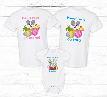 Set tricouri și body familie Paște - Set tricouri personalizate - Primul Paște ca mama - ca tata - Iepurasi - Model baietel - M42