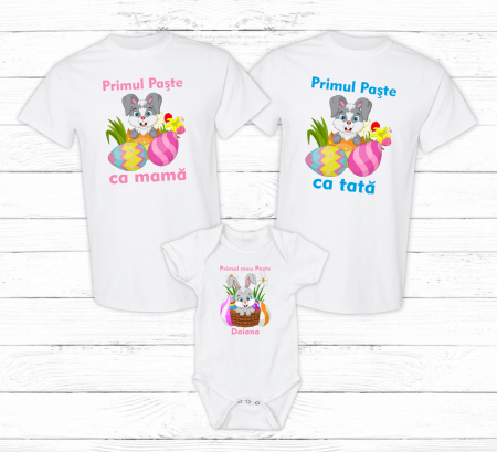 Set tricouri și body familie Paște - Set tricouri personalizate - Primul Paște că mama - ca tată - Iepurași - Model fetiță - M42