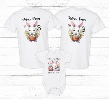 Set tricouri și body familie Paște - Set tricouri personalizate - Primul Paște în 3 - Iepuraș - Model 15
