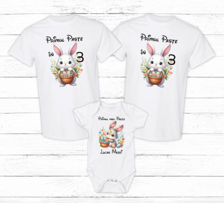 Set tricouri și body familie Paște - Set tricouri personalizate - Primul Paște în 3 - Iepuraș - Model 16