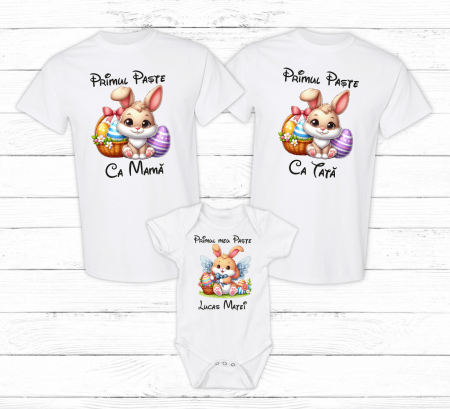Set tricouri și body familie Paște - Set tricouri personalizate - Primul Paște în 3 - Iepuraș - Model 17