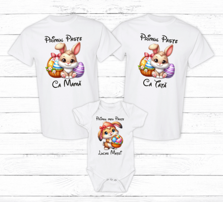 Set tricouri și body familie Paște - Set tricouri personalizate - Primul Paște în 3 - Iepuraș - Model 18