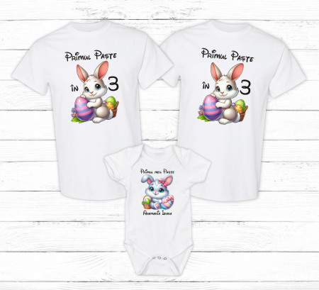 Set tricouri și body familie Paște - Set tricouri personalizate - Primul Paște în 3 - Iepuraș - Model 19