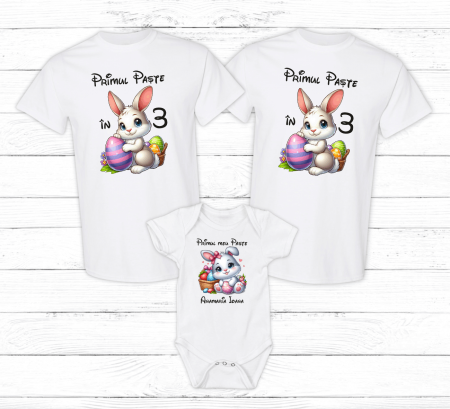 Set tricouri și body familie Paște - Set tricouri personalizate - Primul Paște în 3 - Iepuraș - Model 20