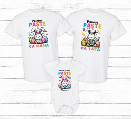 Set tricouri și body familie Paște - Set tricouri personalizate - Primul Paște în 3 - Iepuraș - Model fetiță - M36