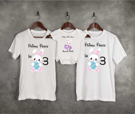 Set tricouri și body familie Paște - Set tricouri personalizate - Primul Paște în 3 - Iepuraș - Nume