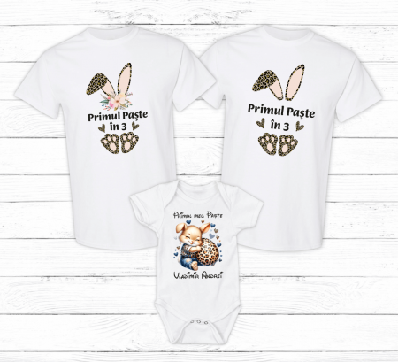 Set tricouri și body familie Paște - Set tricouri personalizate - Primul Paște în 3 - Iepurași - Model băiețel - Leopard