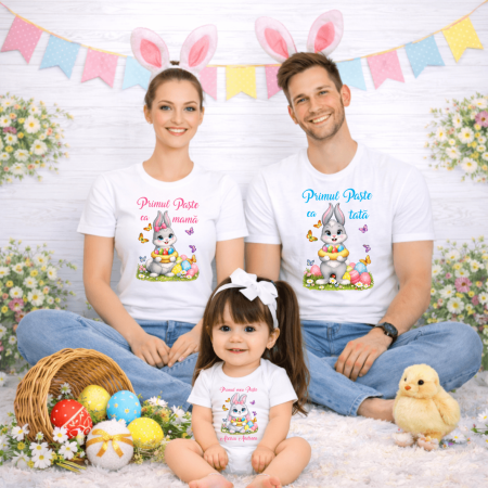 Set tricouri și body familie Paște - Set tricouri personalizate - Primul Paște în 3 - Iepurași - Model fetiță