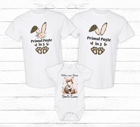 Set tricouri și body familie Paște - Set tricouri personalizate - Primul Paște în 3 - Iepurași - Model fetiță - Leopard