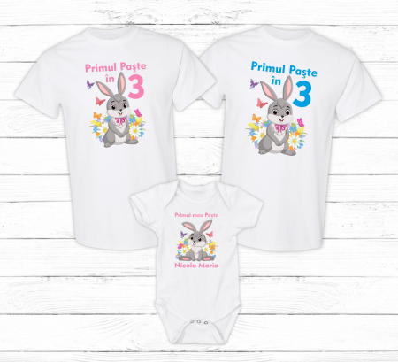 Set tricouri și body familie Paște - Set tricouri personalizate - Primul Paște în 3 - Iepurași - Model fetiță - M40