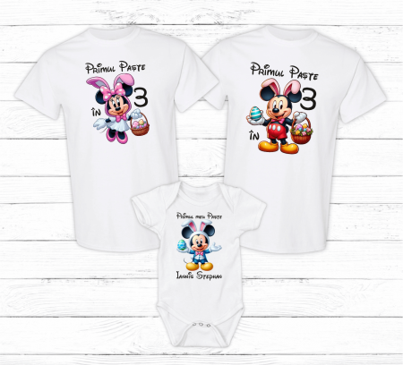 Set tricouri și body familie Paște - Set tricouri personalizate - Primul Paște în 3 - Mickey - Model băiețel - M30