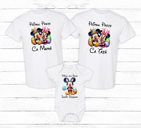 Set tricouri și body familie Paște - Set tricouri personalizate - Primul Paște în 3 - Minnie & Mickey - Model băiețel - M30
