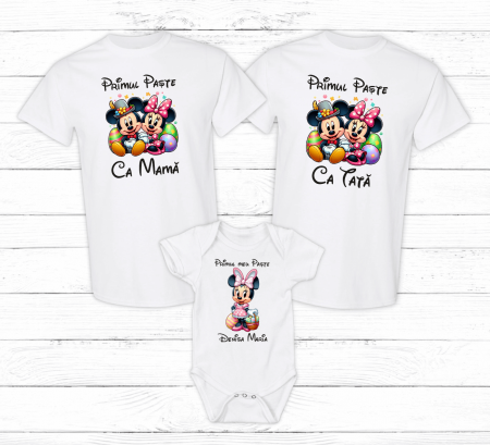 Set tricouri și body familie Paște - Set tricouri personalizate - Primul Paște în 3 - Minnie & Mickey - Model fetiță - M30