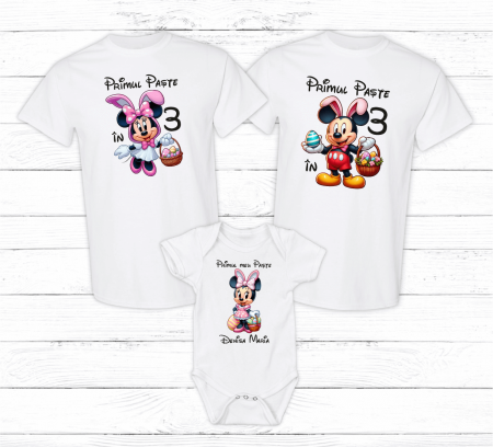 Set tricouri și body familie Paște - Set tricouri personalizate - Primul Paște în 3 - Minnie - Model fetiță - M30