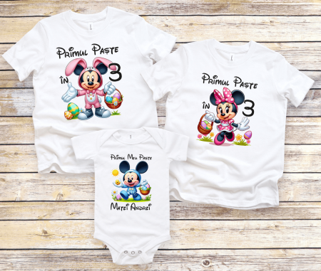 Set tricouri și body familie Paște - Set tricouri personalizate - Primul Paște în 3 - Minnie și Mickey - Model băiețel - M14