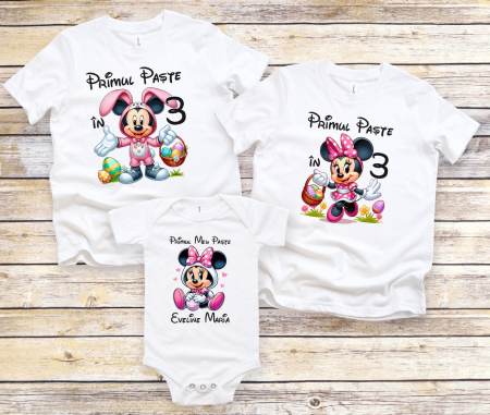 Set tricouri și body familie Paște - Set tricouri personalizate - Primul Paște în 3 - Minnie și Mickey - Model fetiță - M15