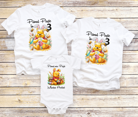 Set tricouri și body familie Paște - Set tricouri personalizate - Primul Paște în 3 - Ursulețul Winnie - M10