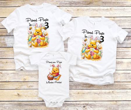 Set tricouri și body familie Paște - Set tricouri personalizate - Primul Paște în 3 - Ursulețul Winnie - M11