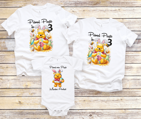 Set tricouri și body familie Paște - Set tricouri personalizate - Primul Paște în 3 - Ursulețul Winnie - M13