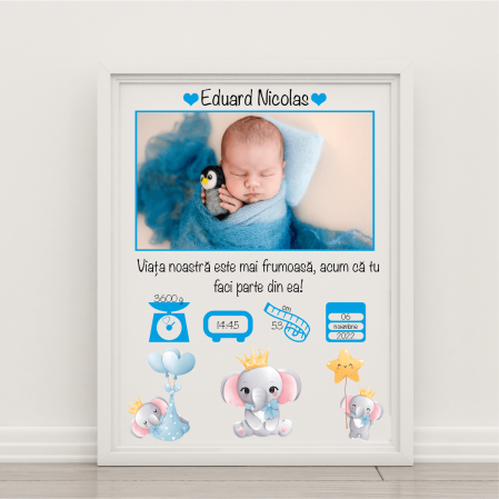 Tablouri A4 personalizate - Tablou A4 personalizat cu poză - Nou-Născut - Model băiețel - Elefănțel