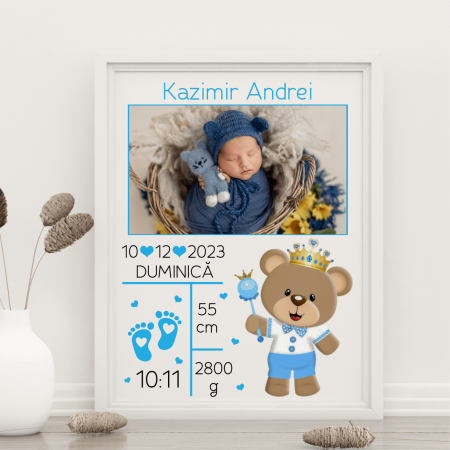 Tablouri A4 personalizate - Tablou A4 personalizat cu poză - Nou-Născut - Model băiețel - Ursuleț