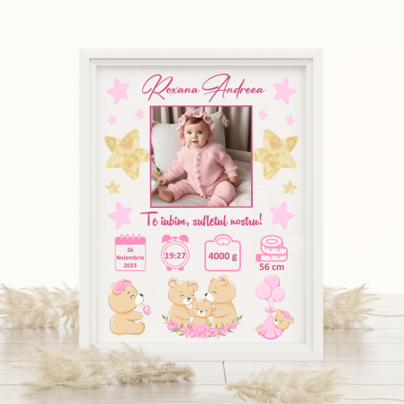 Tablouri A4 personalizate - Tablou A4 personalizat cu poză - Nou-Născut - Model fetiță