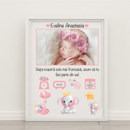 Tablouri A4 personalizate - Tablou A4 personalizat cu poză - Nou-Născut - Model fetiță - Elefănțel
