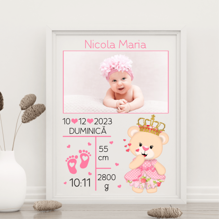 Tablou A4 personalizat cu poză - Nou-Născut - Model fetiță - Elefănțel [1]