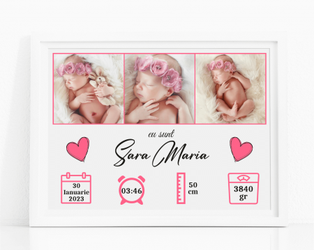 Tablouri A4 personalizate - Tablou A4 personalizat - Nou născut - Model fetiță