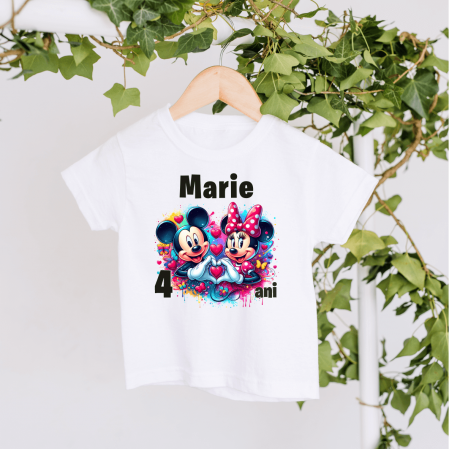 Tricouri personalizate Aniversare - Tricou personalizat copil aniversare - Vârstă - Nume - Minnie & Mickey