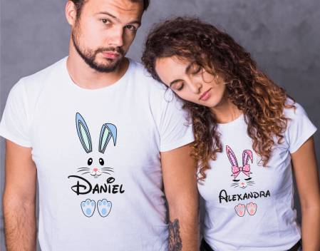 Tricouri personalizate Cuplu de Paște - Tricouri cuplu personalizate de Paște - Iepuraș - Nume