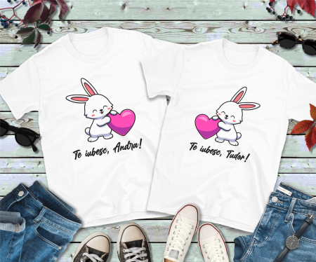 Tricouri personalizate Cuplu de Paște - Tricouri cuplu personalizate de Paște - Iepuraș și mesaj