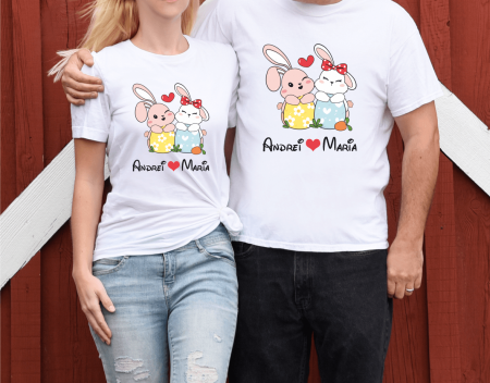 Tricouri personalizate Cuplu de Paște - Tricouri cuplu personalizate de Paște - Iepurași - Nume