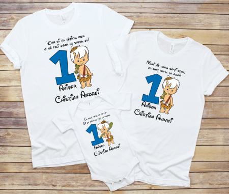 Seturi personalizate băieți - Tricouri personalizate aniversare 1 an - Bamm Bamm Ruble - Familia Flintstone