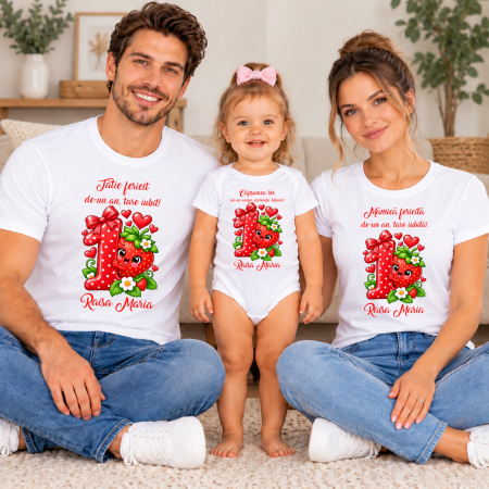 Seturi tricouri personalizate pentru familie aniversare 1 an - Tricouri personalizate aniversare 1 an - Căpșunică
